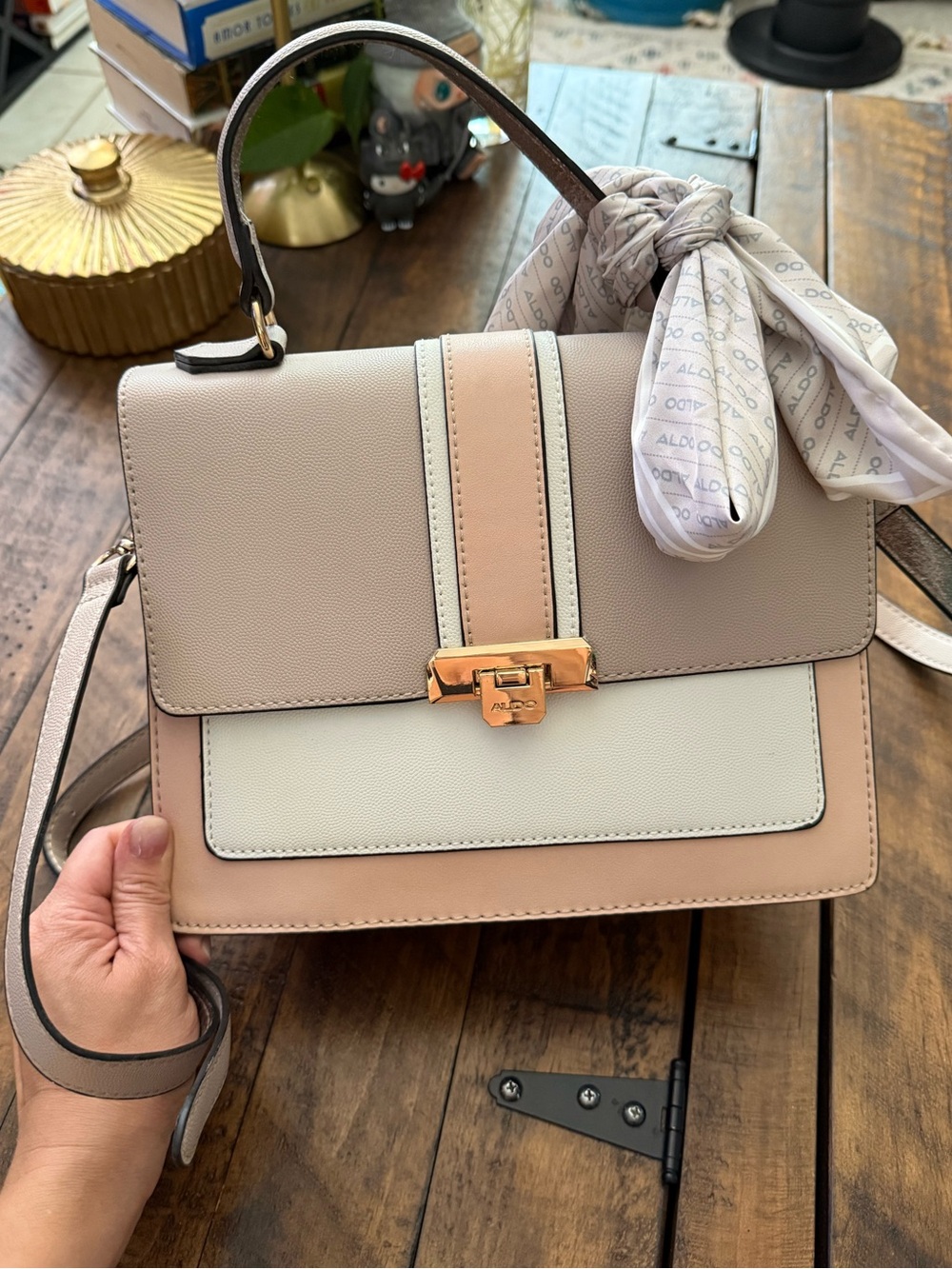 NWOT Aldo Structured Top-Handle Bag Blush, Grey & Cream Metallic w/ Scarf Accent
